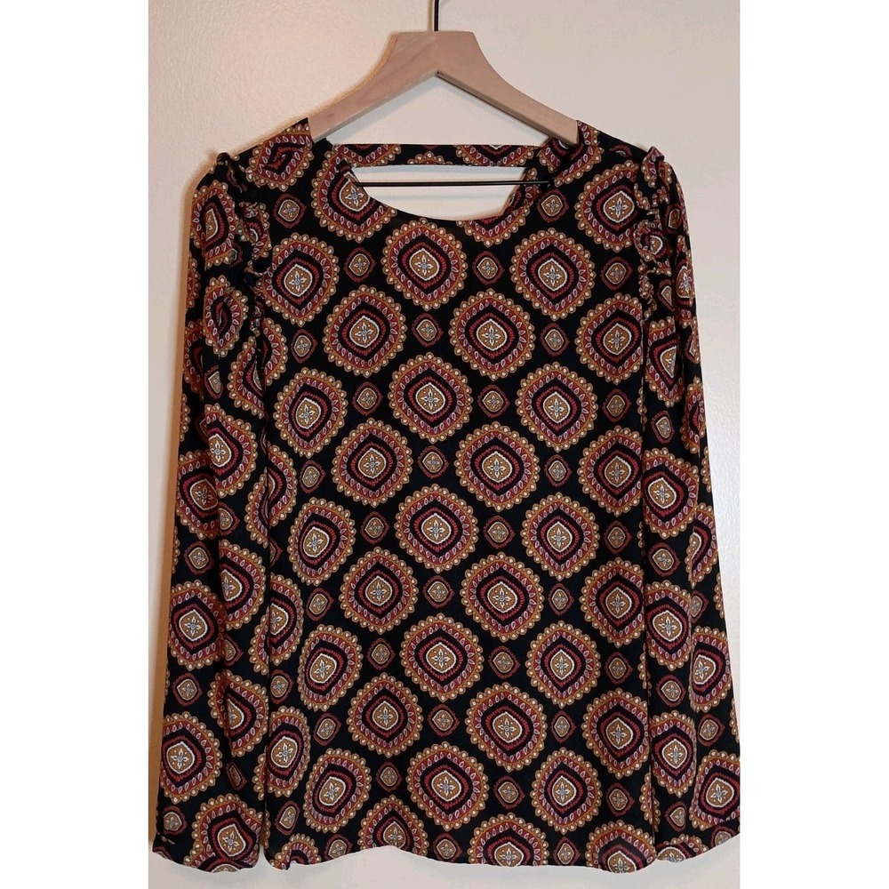 LOFT Medallion Print Ruffle Shoulder Blouse Womens L Bar Back Boho Top - Picture 4 of 14